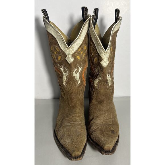 Vintage Justin Cowboy Boots Brown Orange Suede Leather Womens Size 8.5B Western - Picture 7 of 13
